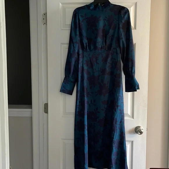 one shoulder long sleeve blue dress Kaitlin One Shoulder Slinky And Mesh Maxi Dress - Midnight Blue